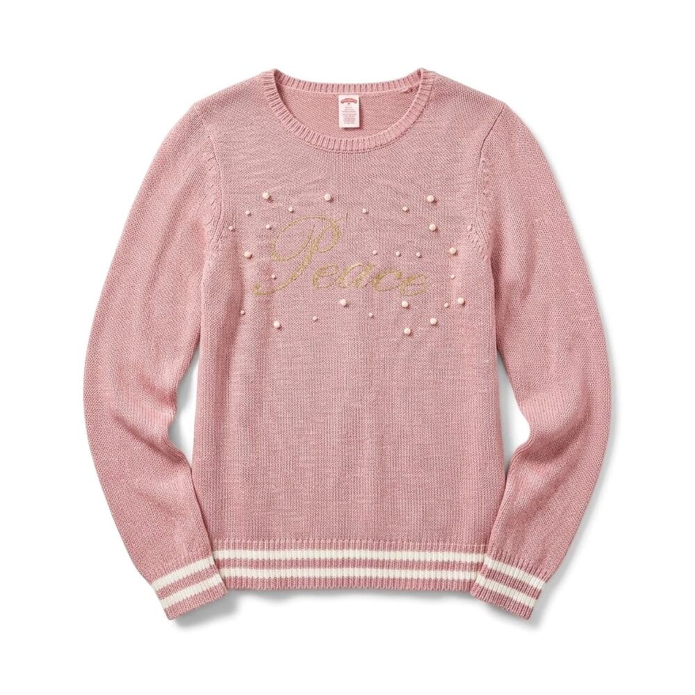Holiday Times Peace Glitter Pearl Beaded Sweater Pink Christmas Womens Large
